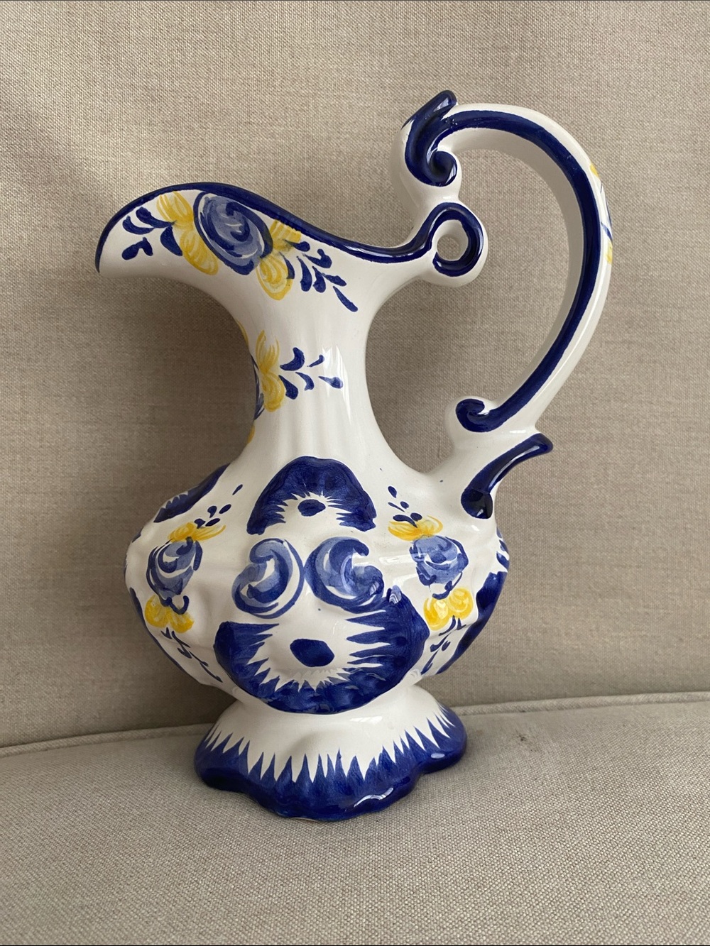 Vintage Alcobaca Portugal Floral Pitcher yellow and blue 8”